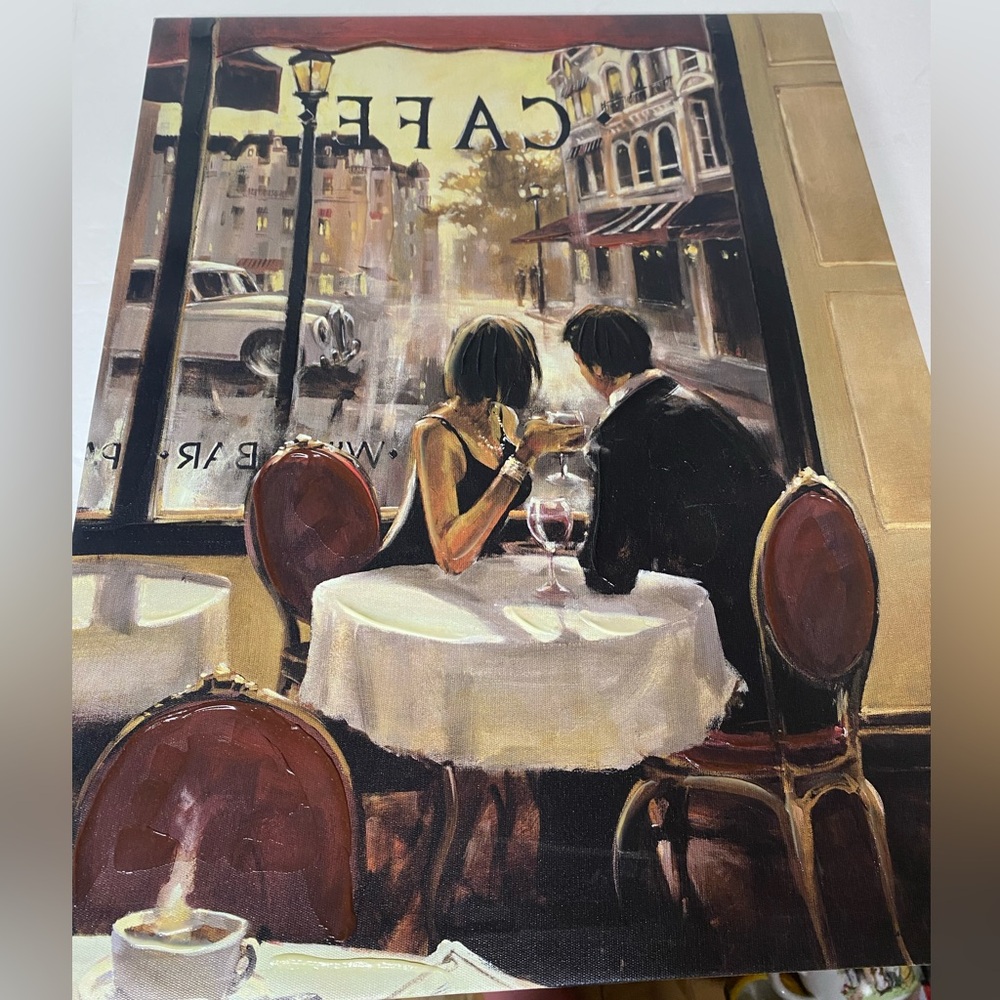 Cafe Couple Stretched Canvas Print Wall Art - Picture 10 of 15